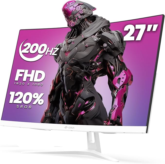 CRUA 27 Curved Gaming Monitor FHD 1920x1080P 165Hz/200Hz Computer Monitor 1800R VA Screen 120% sRGB Support AMD FreeSync Blue Light Filter HDMI &amp DP Wall Mount Install- White