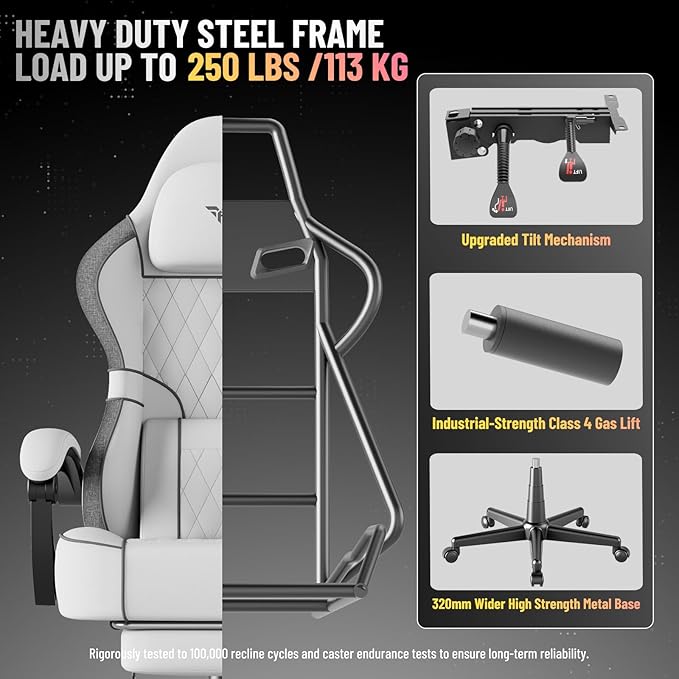Ferghana Breathable Fabric Ergonomic Gaming Chair with Footrest and Linkage Armrest High Back Computer Game Chair with Massage Lumbar Support for Adult(White)