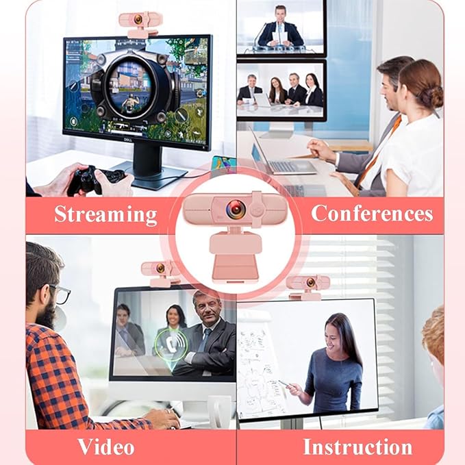 GIZNXBA Webcam for PC Dual Noise-Cancelling Mics Auto Light Correction USB Webcam with Microphone for Streaming Privacy Cover Wide-Angle Lens for High-End Business Meetings(2K)
