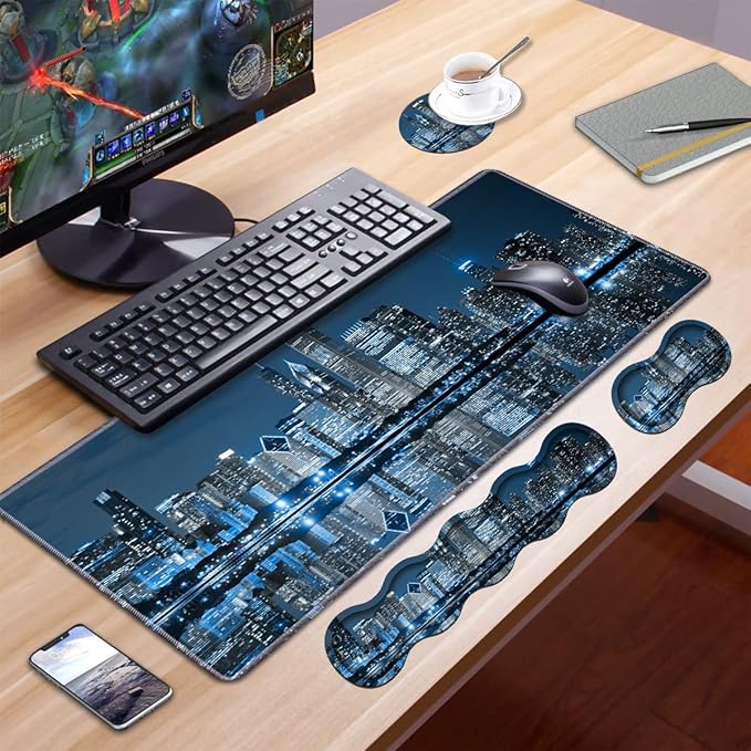 Ergonomic Keyboard Wrist Rest &amp Mouse Pad Wrist Rest Set Large XXL Gaming Desk Mat 31.5x 11.8 Non-Slip Base Memory Foam Easy Typing Pain Relief for Office &amp Home Chicago Skyline Night V