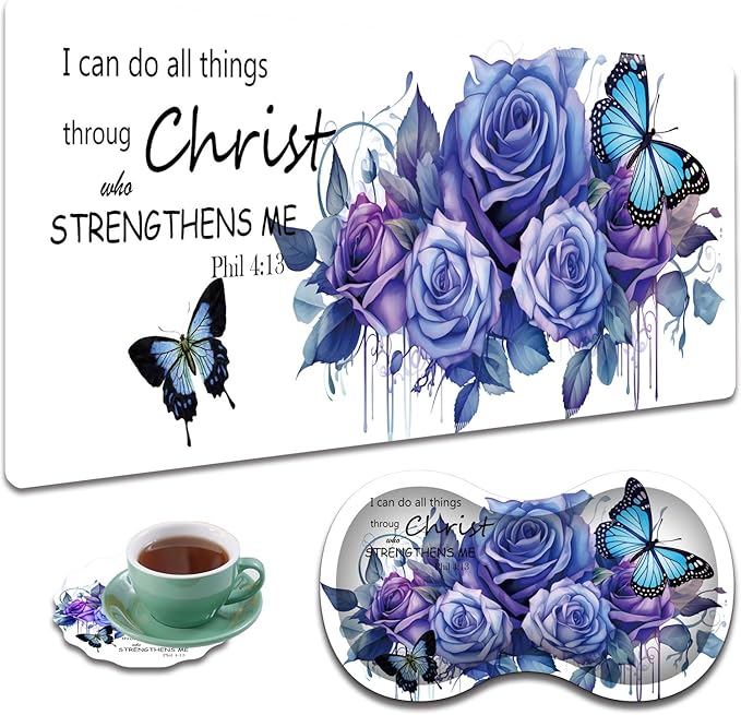 Large Gaming Mouse Pad + Mouse Wrist Rest Pad + Coaster Combination 31.5 x 11.8 Durable Non-Slip Extension Table Mat Suitable for Office and Home Roses Butterflies Verse Phil 4-13