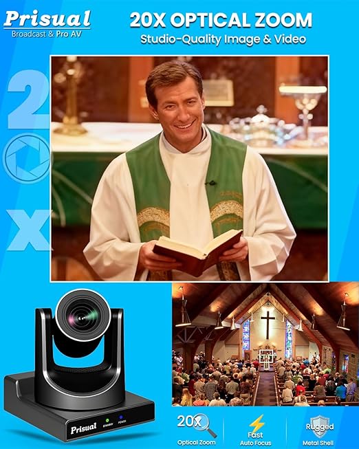 Prisual PTZ Camera System 20X Optical Zoom Advanced AI Auto Tracking PoE HDMI SDI Bundle PTZ for Church Worship ConferenceNDI PTZ Controller (PTZ Bundle TEM-20S PRO+TEM-JOY1)
