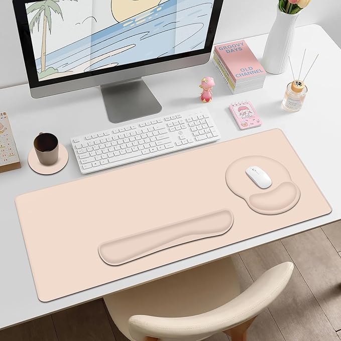 Mouse Pad Desk Pad Protector Keyboard Wrist Rest + Mouse Pad Wrist Rest +Coaster Large Gaming Mouse Pad for Computer Keyboard Laptop XXL Desk Mat Writing Pad for Office and Home Beige