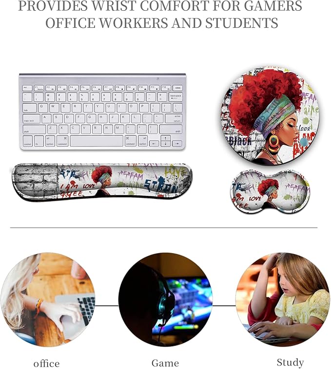 Keyboard Wrist Rest +White Mouse Pad + Mouse Wrist Rest Support Set+ Coaster Ergonomic Memory Foam4Pcs Keyboard Mouse Pad Set for Computer Home &amp Office African Woman Graffiti Girls