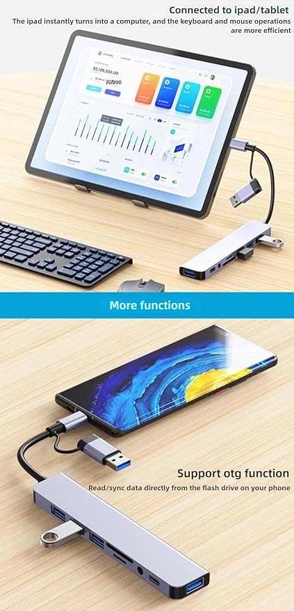 USB Hub 8 in 1 USB A/C to USB 3.0 USB 2.0 8 Ports Portable USB Splitter USB Docking Station Extender USB3.0 Audio Compatible with LaptopPC Phones