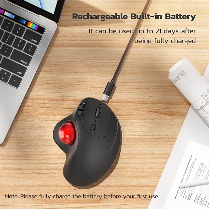 Nulea M501 Wireless Trackball Mouse Rechargeable Ergonomic Easy Thumb Control Precise &amp Smooth Tracking 3 Device Connection (Bluetooth or USB Receiver) Compatible for PC Laptop Mac Windows
