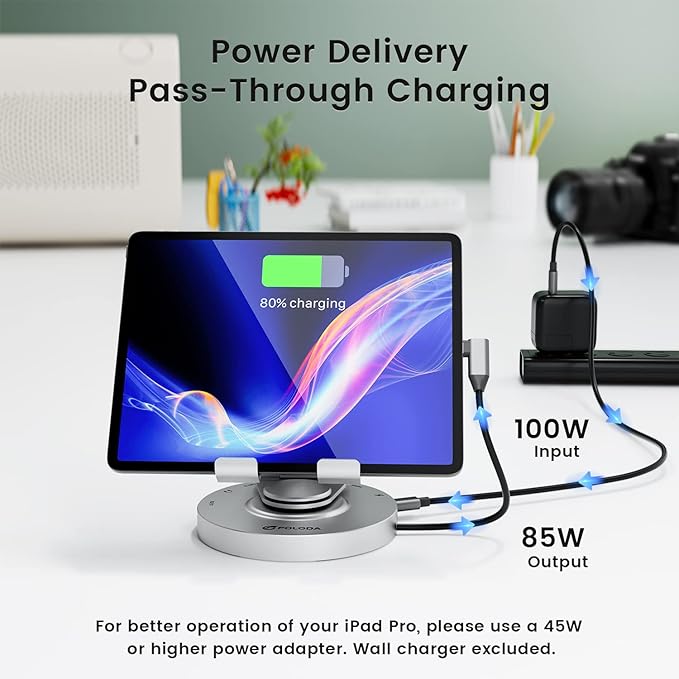 USB C Hub for Ipad Pro Docking Station FOLODA 8-in-1 Rotatable Folding Type-C Tablet Stand with 4k HDMI USB C 3.0 Data Port 2*USB A 3.0 100W PD Charging 3.5mm Aux for Ipad Pro/Phone 15/Galaxy Tab