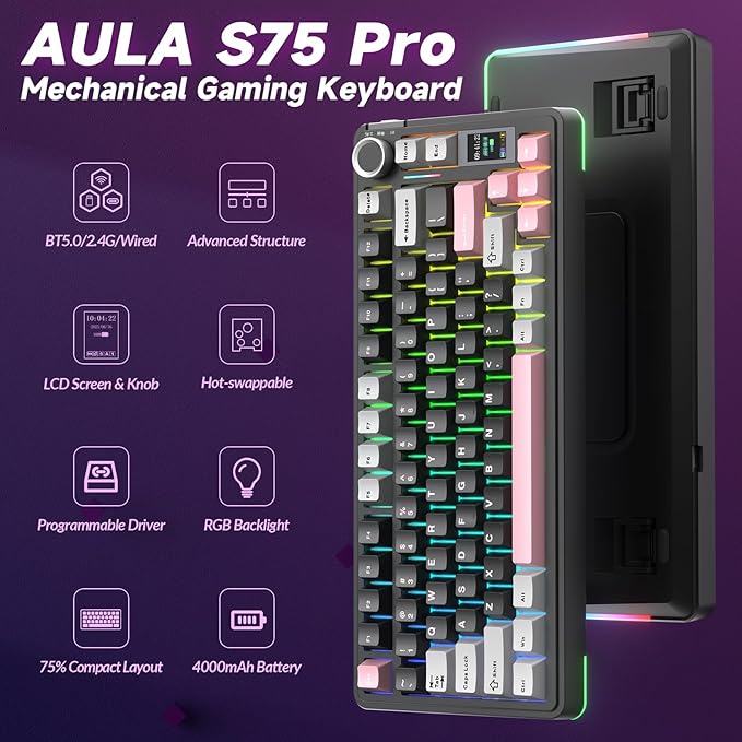 AULA S75 PRO Wireless Mechanical Keyboard with Screen&ampKnob 75% Hot Swappable Gaming Keyboard with Pre-lubed Switches RGB Backlit PBT Keycaps Creamy Sounding Pc Gaming Keyboards