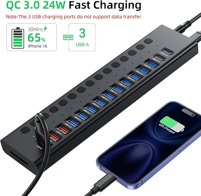 Powered USB Hub 10Gbps 17 Ports 96W USB 3.2 Hub(10 USB-A 3.2 Ports+3 QC 24W Fast Charging Ports+2 USB-C 3.2 Ports+SD/TF Card Reader) 12V/8A Power Adapter for Laptop PC Computer HDDFlash Drive