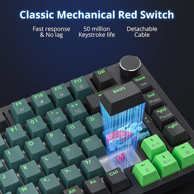 75 Percent Keyboard Gasket-Mounted with Sound Absorbing Pads 82-Key Compact Wired RGB Mechanical Gaming Keyboard Hot-Swap Socket for Win Sound Wave