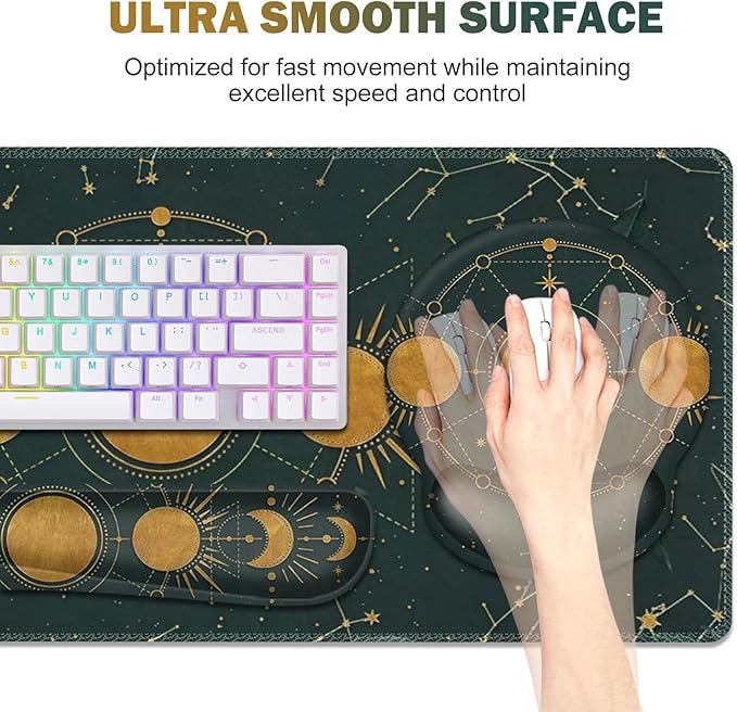 Large Desk Mat Gaming Mouse Pad Desk Pad Protector XXL Mousepad + Keyboard Wrist Rest+Mouse Wrist Rest+Coaster Ergonomic Desk Pad for Home Office Decor Dark Green Gold Moon Phases Constellation