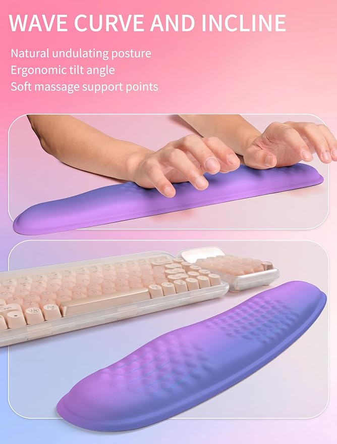 Hokafenle 2in1 Combination Wave Keyboard Wrist Rest and Ergonomic Curvature Mouse Pad Wrist Support for Relieve Wrist Pain Filled with Soft Cushion Memory Foam Gradient Blue Purple
