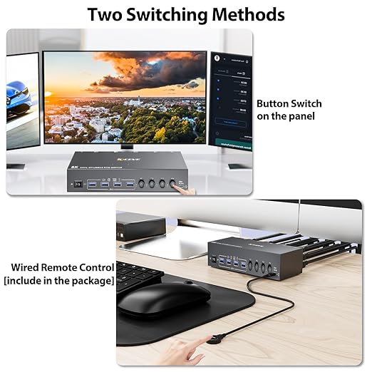 KVM Switch 2 Monitors 4 Computers HDMI + DisplayPort KCEVE USB 3.0 DP KVM Switcher 8K@30Hz/4k@144Hz DP KVM for 4 PC Share 2 Display and 4 USB 3.0 Devices
