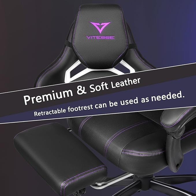 Waleaf Big and Tall Gaming Chair for Adults with Footrest 400lbs Weight Capacity Video Game Chairs for Office Ergonomic Computer Gaming Chair with Lumbar Support and Headrest (Purple)