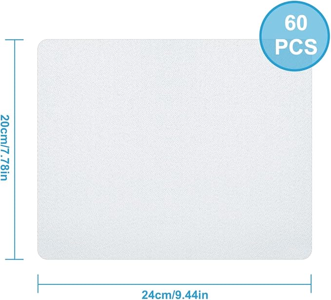 60 Pcs Sublimation Mouse Pads Blanks White Mouse Mat Bulk for Sublimation Transfer Heat Press Printing DIY Craft Mousepad for Custom with Non Slip Bottom 24 x 20 x 0.2 cm