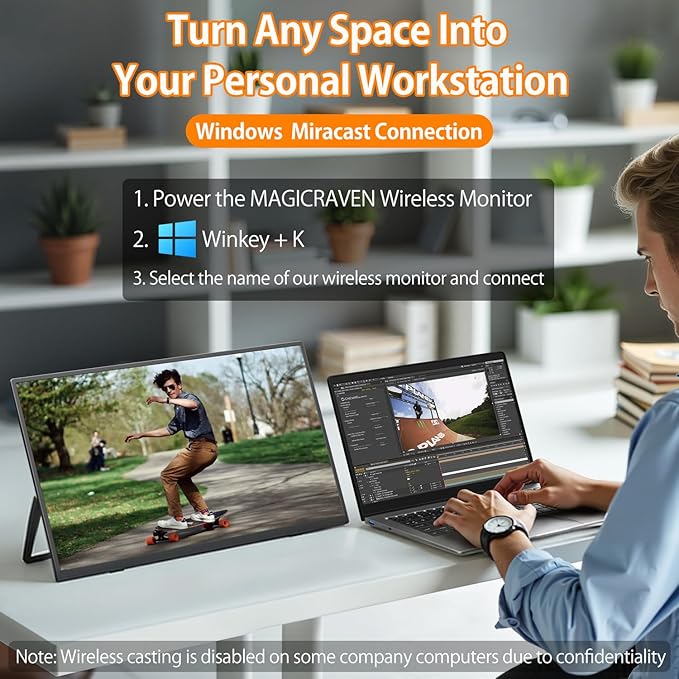 Wireless Portable Monitor for Laptop 18.5 Portable Monitor with Battery-1080P FHD Second Screen for Home &amp Office AirPlay &amp Miracast Casting No Cables or Drivers Needed