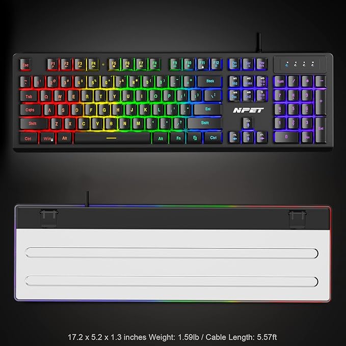 NPET K10 Wired Gaming Keyboard LED Backlit Spill-Resistant Design Multimedia Keys Quiet Silent USB Membrane Keyboard for Desktop Computer PC (Black)