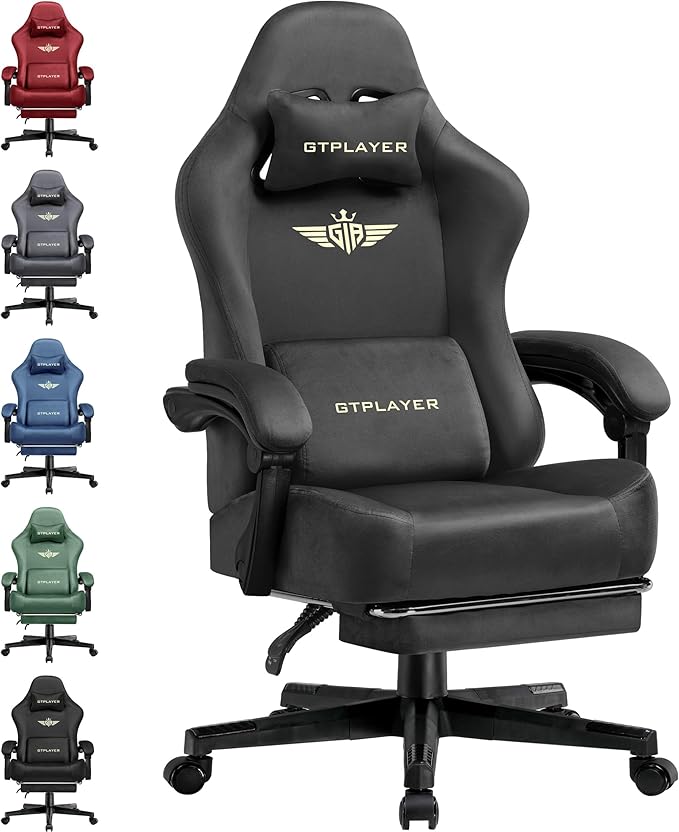GTPLAYER Gaming Chair Fabric with Pocket Spring Cushion Big and Tall Gamings Chairs 350LBS High Back Computer Chair with Footrest for Adults Lumbar Support Swivel Game Chair for Office Gaming Gray