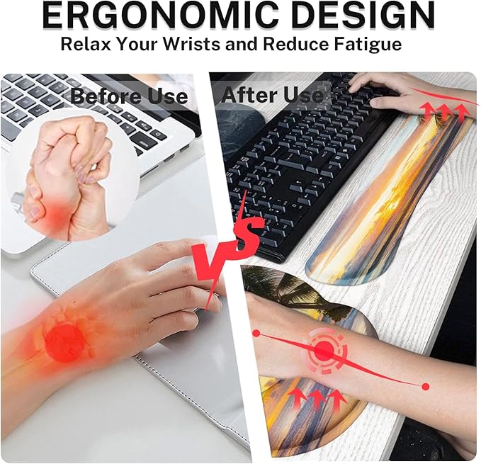 Arttown Sunset Ocean Desk Mat Tropical Beach Mouse Pad Set 4 in 1 Summer Sea Ergonomic Design Large Desk Pad + Keyboard Wrist Rest + Mouse Wrist Rest + Coaster Suitable for Home Office Study Game