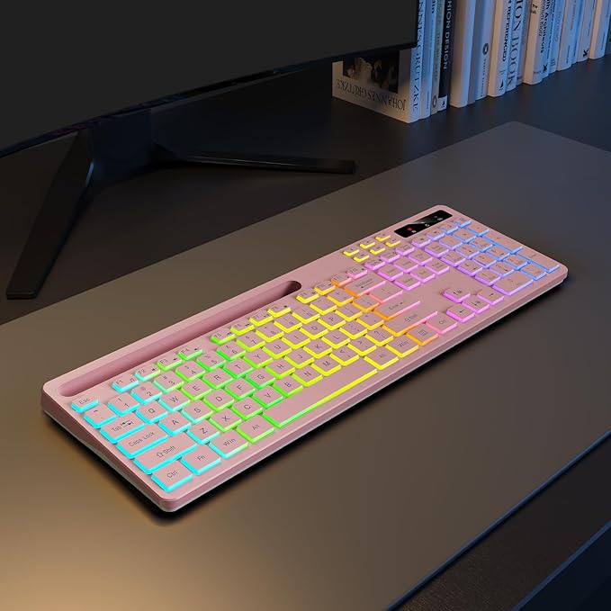 Wireless Keyboard with 7-Color RGB Backlit Full-Size Computer Keyboard with Phone Tablet Holder 2.4G Rechargeable Gaming Keyboard with Light Up Keys Compatible with Mac Windows (Pink)