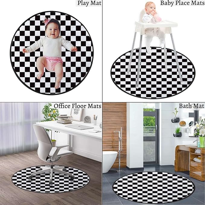 Checkered Gaming Chair Mat Round Floor Mats for Office Chair Computer Gaming Desk Mat for Rolling Chair Non-Slip Gaming Rug Checkers Game Geometric Grid StyleWhite Charcoal Diameter 43.3 in