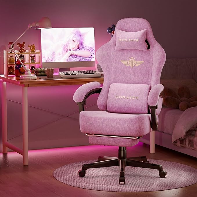 GTPLAYER Big and Tall Gaming Chair with Pocket Spring Cushion High Back Ergonomic Computer Chair with Footrest for Adults Lumbar Support Swivel Game Chair for Office Gaming 350LBS Fabric Pink