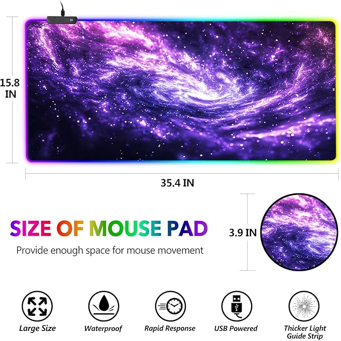 AIMSA RGB Mouse Pad LED Gaming Mouse Pad with 14 Lights Modes Non-Slip Rubber Base Computer Carpet Desk Mat for PC Laptop (35.4 x 15.8 inch) Purple Blue Nebula