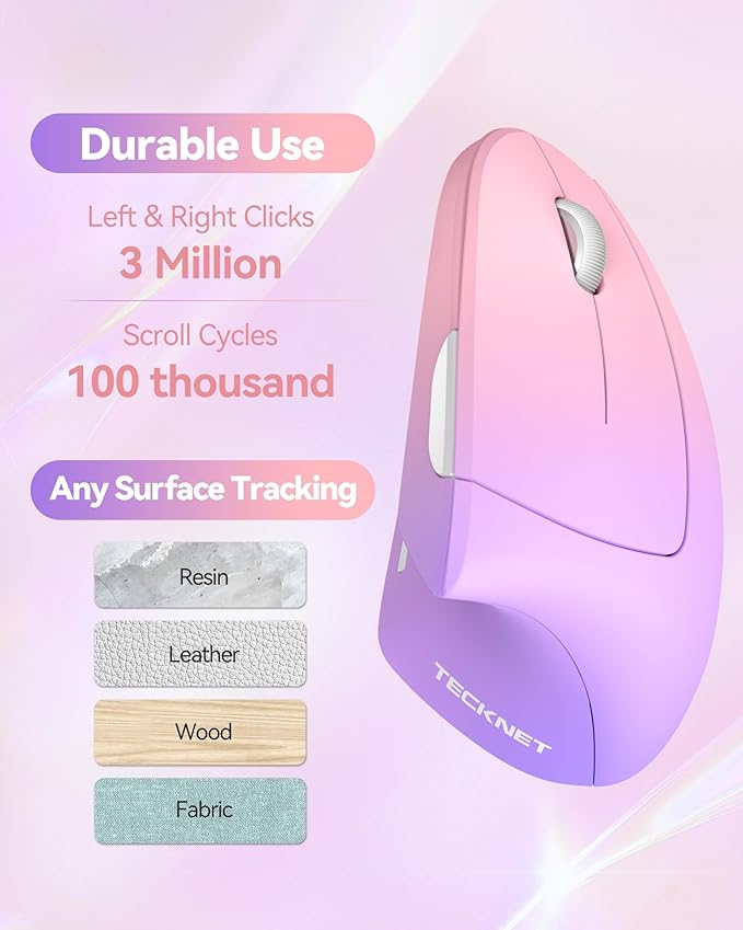 TECKNET 2.4G Ergonomic Mouse Vertical Wireless - 4800 DPI Optical Carpal Tunnel Mice Right Hand 4800 DPI Adjustable Quiet Clicks 6 Buttons for Laptop Desktop PC Computer - Pink Purple
