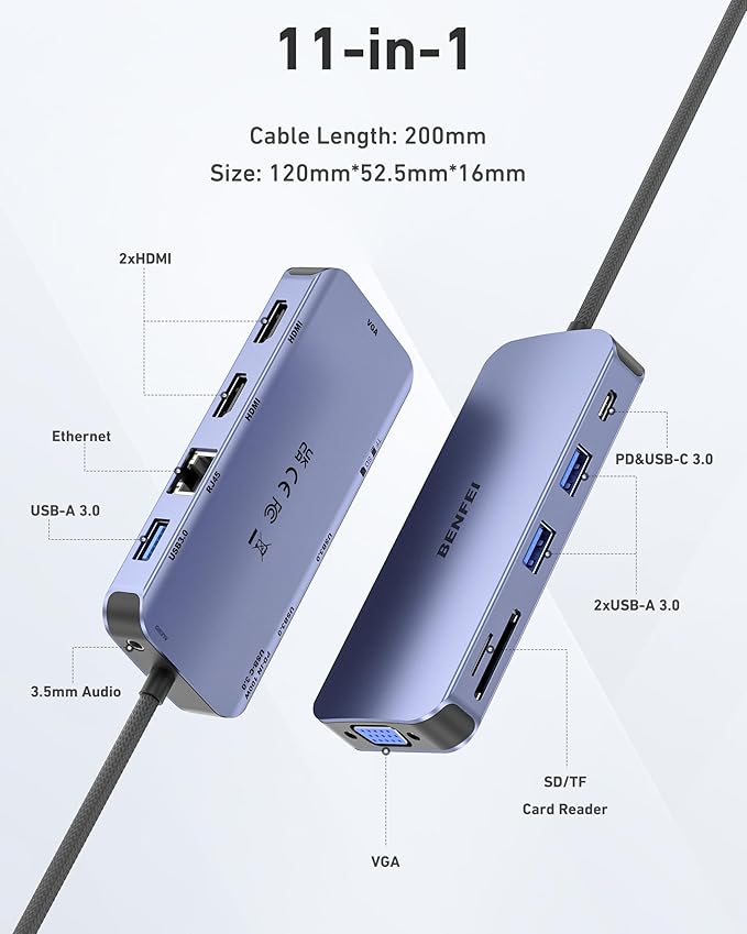 BENFEI 11-in-1 USB C Hub Triple Display Docking Station Dual HDMI VGA 3*USB 3.0 1Gbps Ethernet 100W Power Delivery SD/TF Card Reader 3.5mm AUX Audio Compatible with MacBook XPS Surface