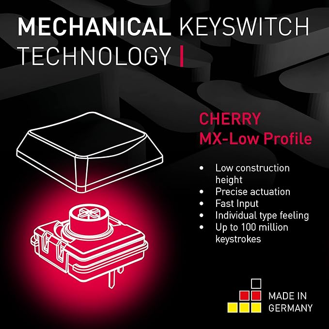 Cherry MX-LP 2.1 Compact Wireless Gaming Keyboard. RGB MX Silver Speed Switches. RGB Lighting Low-Profile MX Precision switches. 65% Size. 68 Keys. (Red White &amp Blue)