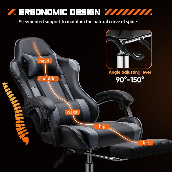 Video Game Desk Chair Ergonomic Computer with Footrest and Comfy Lumbar Support PU Leather Recliner with Headrest Fixed Up Armrest Height Adjustable with 360° Swivel for Adults Gray