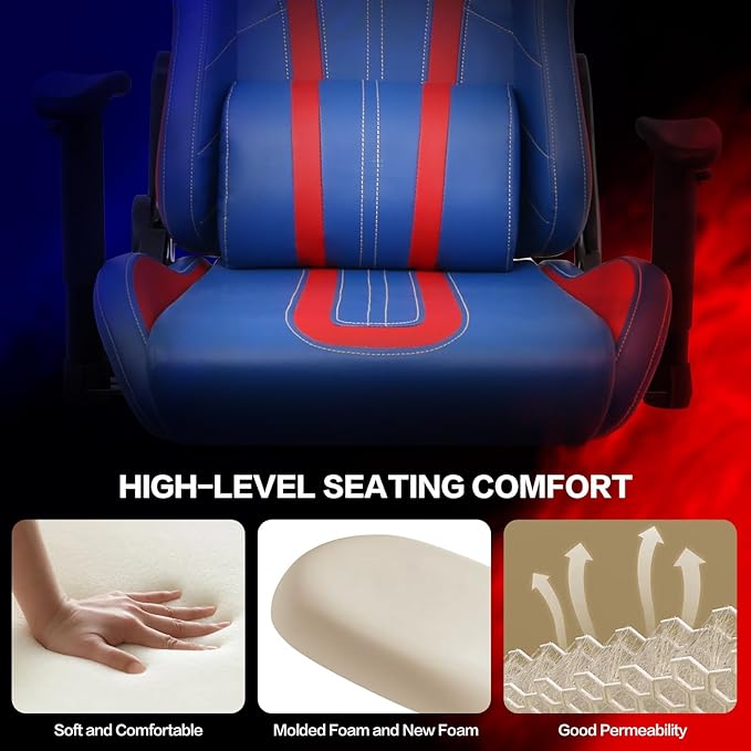 Modern-Depo Video Gaming Chair High Back Ergonomic Computer Chair with Lumbar Support Headrest Height Adjustable Swivel PVC Leather Recliner Blue Red
