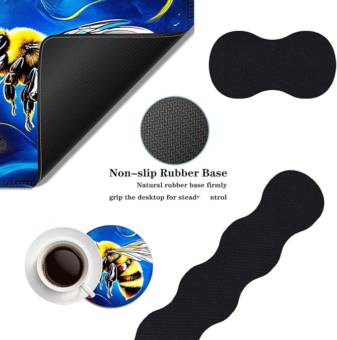 Mouse PadLarge Desk Mat Set 4in1 XL Mousepad + Keyboard Wrist Rest+Mouse Wrist Rest+Coaster with Ergonomic Desk Pad for Home Office Table Computer Cover -Bee and Vibrant Flowers