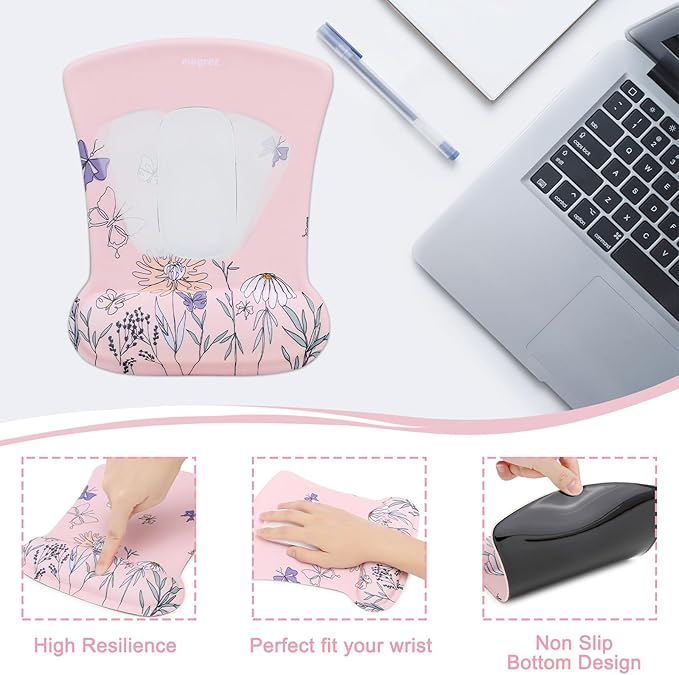 MEGREZ 4-in-1 Ergonomic Memory Foam Wrist Rest Set Desk Pad Mouse Pad with Wrist Rest Keyboard Pad Suitable for Office Workers Programmers &amp Gamers–Relieve Typing &amp Gaming Fatigue Light