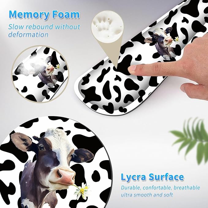 Keyboard Wrist Rest &amp Mouse Pad &amp Mouse Wrist Rest Support &amp Coaster Non Slip Rubber Base Wrist Support with Ergonomic Raised Memory Foam for Computer Laptop Home Office Black White Cow