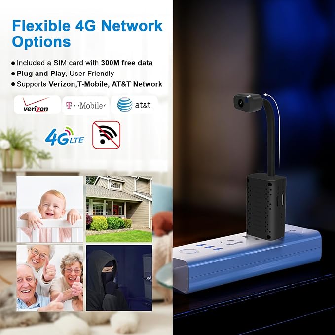 4G USB Wireless Camera with 300M SIM CardNo Wi-Fi NeededHD2K Smallest Wireless Wifi 4G USB Camera Motion Alert with App Live StreamingMotion DetectionNight VisionCloud Storage for iOS/AndroidAPP