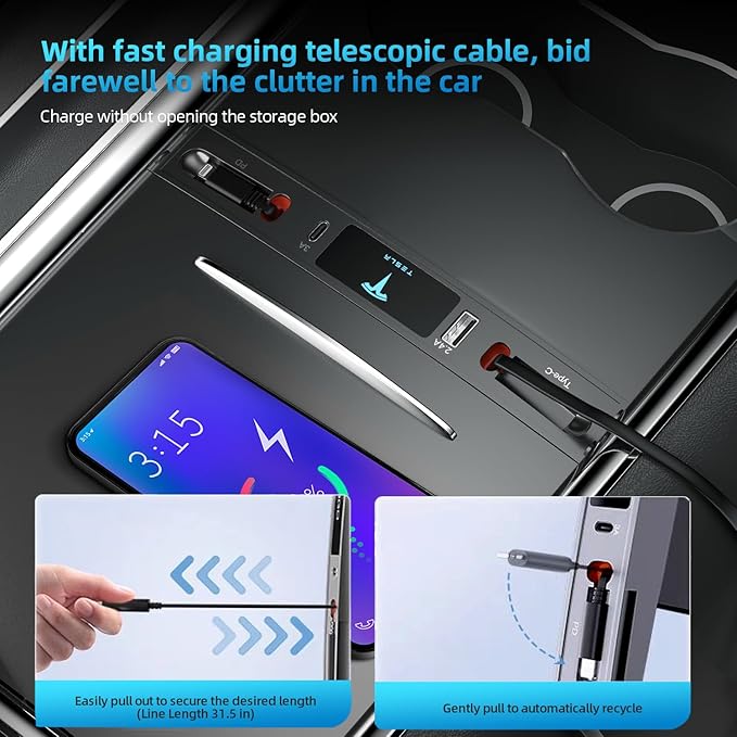 Tesla USB Hub for 2021 2022 2023 Tesla Model 3 Model Y Multi-Port Retractable Hub Docking Station with Fast Charging Cable Tesla Accessories Docking Station of Center Console for Model Y/3