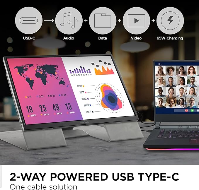 ViewSonic VG1656-2K 16 Inch WQXGA 1600p IPS Portable Monitor with 2 Way Powered 65W USB C and Smart Cover with Built-in Stand