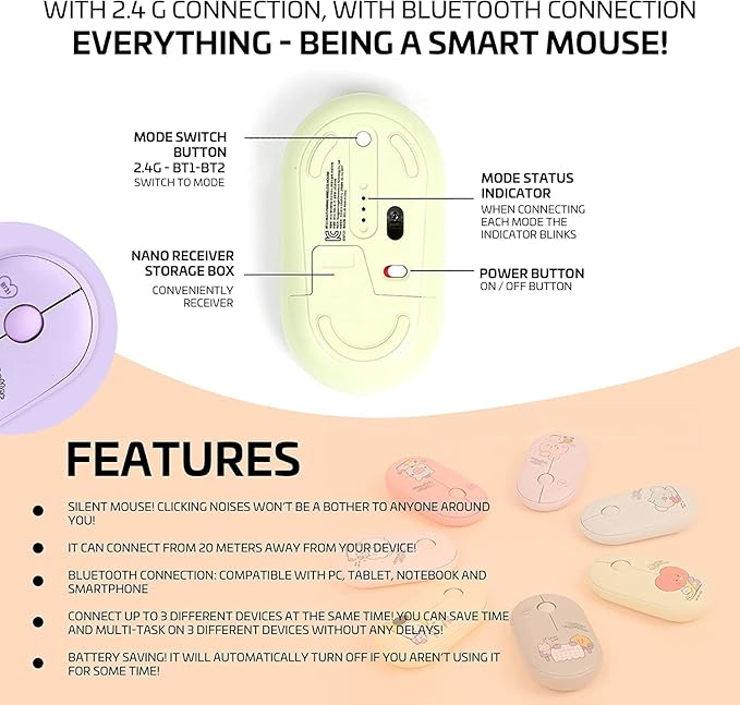 BTS Inspired Characters Multi Pairing Wireless Mouse Little Buddy Baby Better Together Edition All in Their Own Cute Style &amp Colors (SHOOKY)