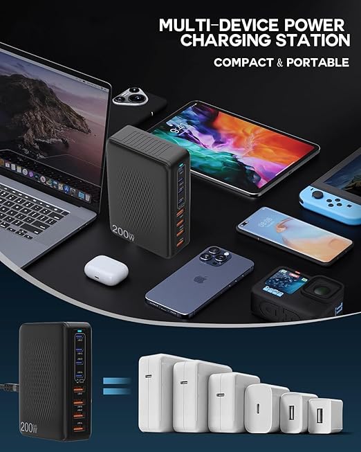 USB C Charger Block 200W 8 Port USB C Charging Station GaN Type C &amp A Charger Fast Charging Desktop Hub PD Block Laptop Adapter for Apple iPhone Air 17 16 15iPad Pro/Air/MiniMacBook Pro/AirGa