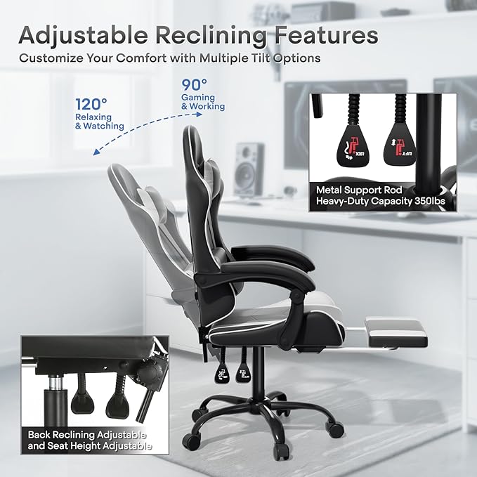 Athena Collection Gaming Chair Ergonomic Gaming Chair with Footrest &amp Headrest Lumbar Support Height Adjustable Swivel Computer Chair Office Chair for Kids Adults(White)