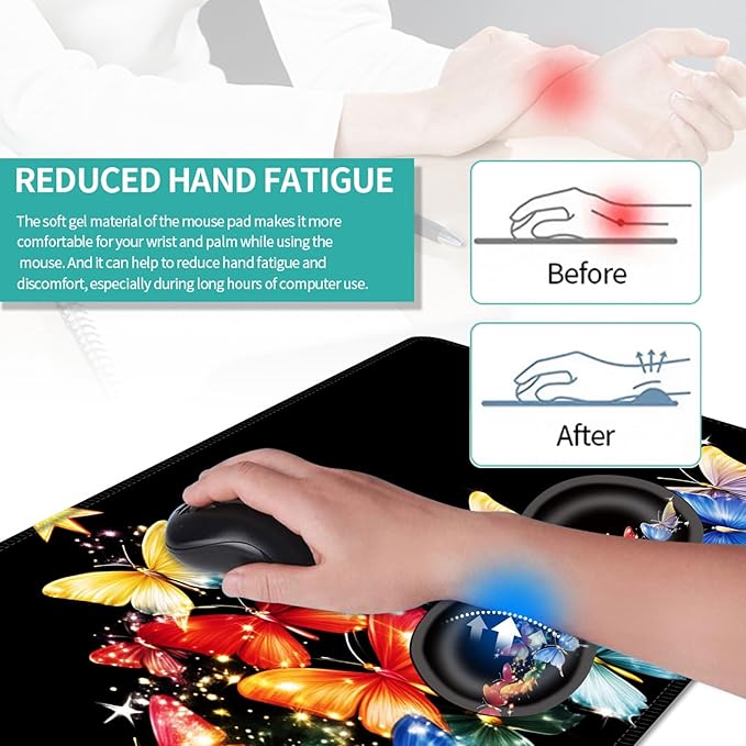 Keyboard Mouse Pad Set Extended Gaming Mouse Pad+Ergonomics Keyboard Wrist Rest Support Memory Foam Easy Typing Pain Relief 4Pcs XL Ultra Thick Desk MatButterfly Christmas Tree