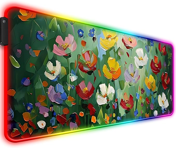 RGB Abstract Green Wildflower Gaming Desk Mat Computer Keyboard Large Extended Long Floral LED Mouse Pad for Office and Home XL (W23)