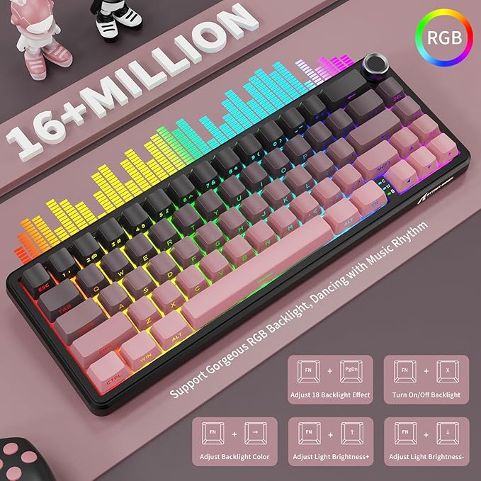 ATTACK SHARK X66 Wireless Mechanical Gaming Keyboard with KnobTri Mode USB-C/BT5.0/2.4G Gasket Mounted 60% RGB Gaming KeyboardSide Printed PBT Keycap Hot Swappable Strawberry Switch(BlackBerry)