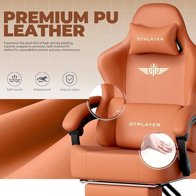 GTPLAYER Gaming Chair with Pocket Spring Cushion Big and Tall Gamings Chairs 350LBS High Back Computer Chair with Footrest for Adults Lumbar Support Swivel Game Chair for Office Leather Orange