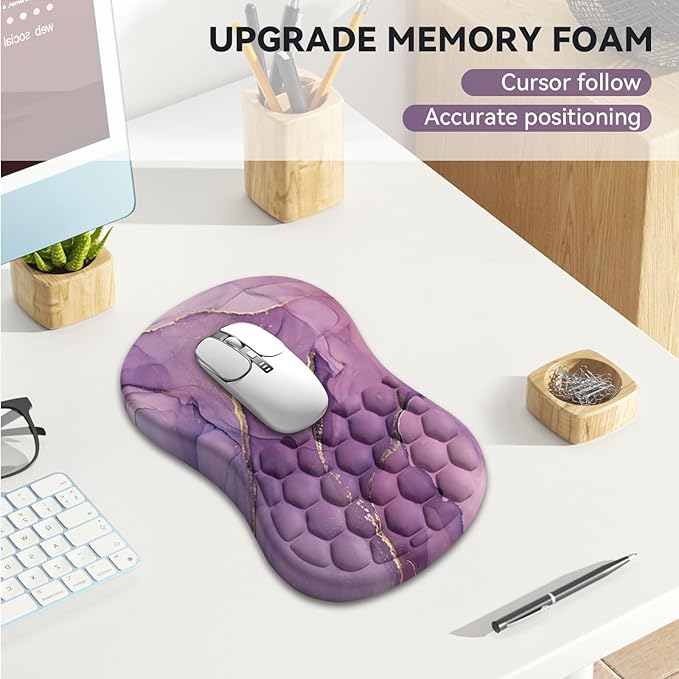 AIMSA Upgraded Wrist Rest Support Mouse Pad Ergonomic Mousepad Massage Memory Foam Design Pain Relief Comfortable Wrist Cushion Mat Non-Slip PU Base for Home Office Purple Marble