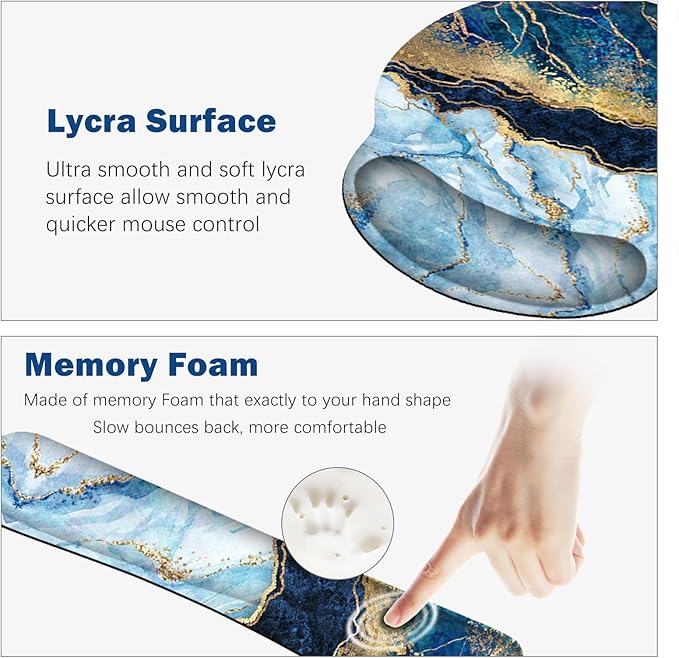 ARTSO Large Mouse Pad Ergonomic Keyboard Wrist Rest Support Set Memory Foam Gel Wrist Pad Extended Desk Mat Protector Non-Slip Desk Blotter Blue Marble