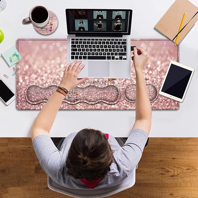 Large Gaming Mouse PadExtended Office Desk MatWaterproof Desk Writing Pad for Home Ergonomic Mouse &ampKeyboard Wrist RestPhilippians 4:13 Bible Glitter Laptop Desk Pad Pink Mousepad Wrist Support