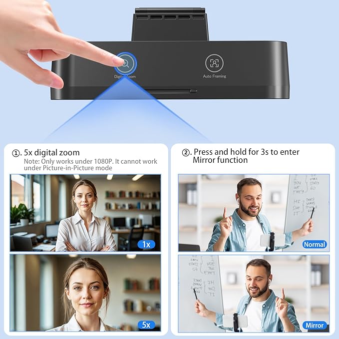 4K Webcam for PC AI Auto Framing Picture-in-Picture USB Webcam with 2x Noise Reducing Mics Auto Light Correction 5X Zoom 92°FOV Plug and Play Ideal for High-end Meeting Video Calling