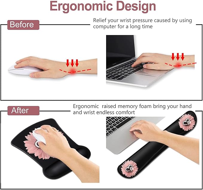 Mouse Pad with Wrist Support Ergonomic Gel Mouse Pad Memory Foam Keyboard Wrist Restfor Office Typing Games Desktop Decoration Sunflower and Dog Paw Print Pet and Pink Flowers
